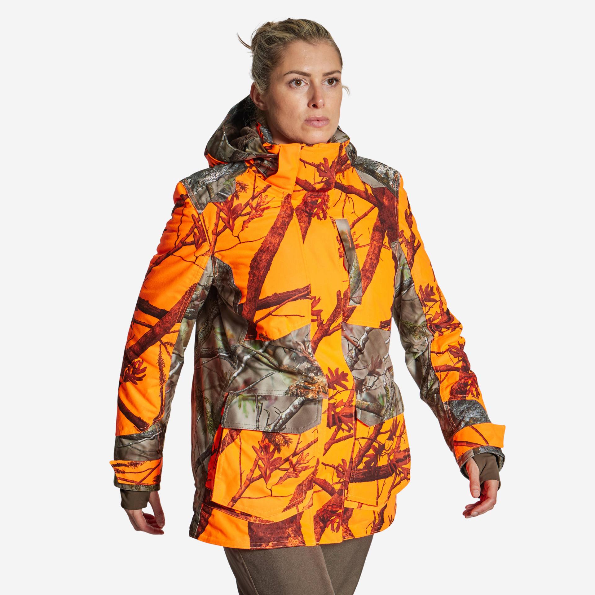 Jagdjacke Regenjacke 500 Damen 3-in-1 warm geräuscharm camouflage/orange von SOLOGNAC