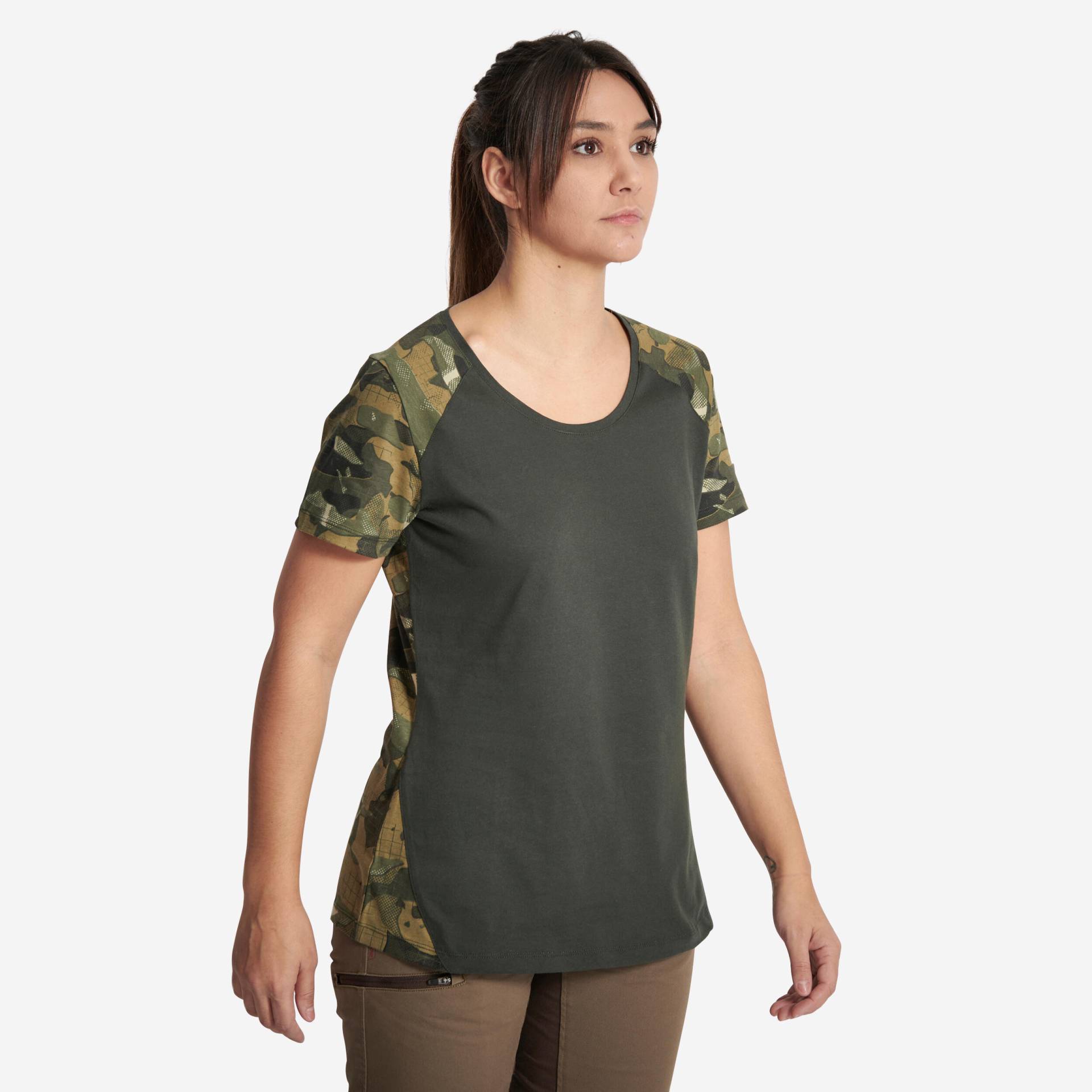 T-Shirt 300 Damen Baumwolle Camouflage grün von SOLOGNAC