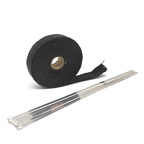 SONGGDZ Auspuff Hitzeschutzband, 5m / 10m / 15m 1 Roll Fiberglas Hitzeschild Motorrad Auspuff Header Rohr Wärme Wrap Tape Thermal Protection 6 Krawatten Kit(15M Black) von SONGGDZ