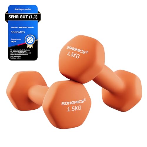 SONGMICS Hanteln 2er Set, 2 x 1,5 kg, mit matter Beschichtung aus Neopren, rutschfest, Krafttraining, zu Hause, orange SYL63OG von SONGMICS