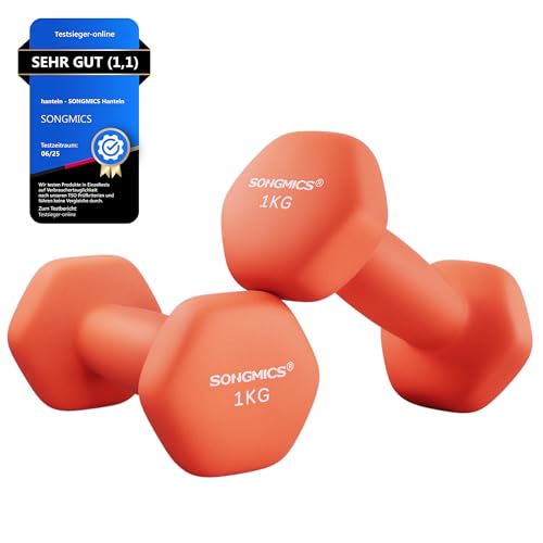 SONGMICS Hanteln, 2er Set, 2 x 1 kg, Hantelset, Kurzhanteln, Hexagon, Neopren-Beschichtung, Krafttraining, Workout, Fitnesstraining, für Zuhause, papayaorange SYL902O01 von SONGMICS