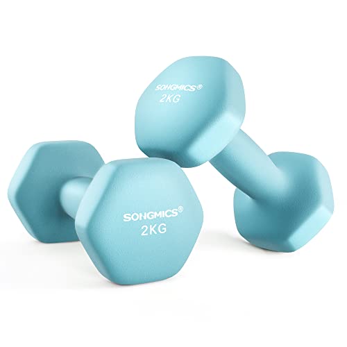 SONGMICS Hanteln, 2er Set, 2 x 2 kg, Hantelset, Kurzhanteln, Hexagon, Neopren-Beschichtung, Krafttraining, Workout, Fitnesstraining, für Zuhause, hellblau SYL904Q01 von SONGMICS