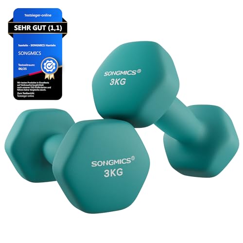 SONGMICS Hanteln, 2er Set, 2 x 3 kg, Hantelset, Kurzhanteln, Hexagon, Neopren-Beschichtung, Krafttraining, Workout, Fitnesstraining, für Zuhause, dunkelgrün SYL906Q01 von SONGMICS