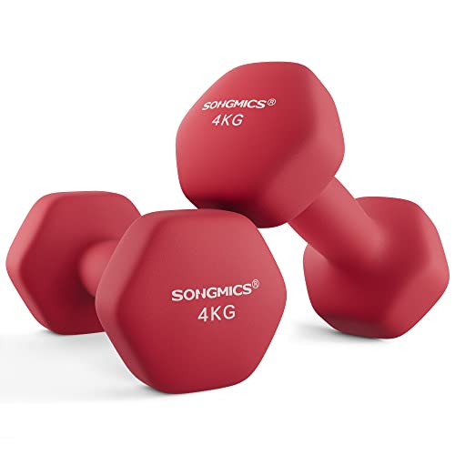 SONGMICS Hanteln, 2er Set, 2 x 4 kg, Hantelset, Kurzhanteln, Hexagon, Neopren-Beschichtung, Krafttraining, Workout, Fitnesstraining, für Zuhause, rot SYL908R01 von SONGMICS