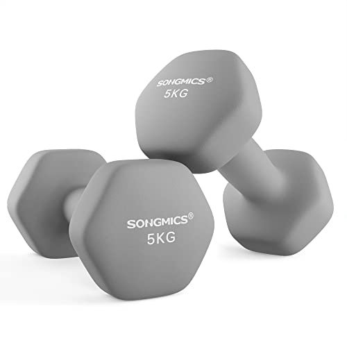 SONGMICS Hanteln, 2er Set, 2 x 5 kg, Hantelset, Kurzhanteln, Hexagon, Neopren-Beschichtung, Krafttraining, Workout, Fitnesstraining, für Zuhause, taubengrau SYL910G01 von SONGMICS