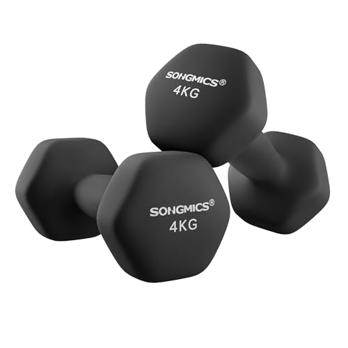 SONGMICS Hanteln, 2er Set, 2 x 4 kg, Hantelset, Kurzhanteln, Hexagon, Neopren-Beschichtung, Krafttraining, Workout, Fitnesstraining, für Zuhause, tintenschwarz SYL068BK von SONGMICS