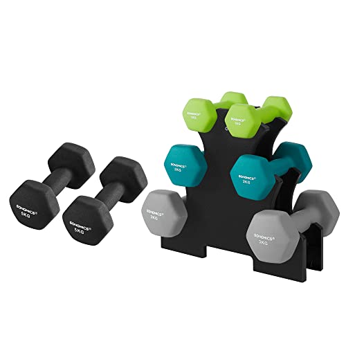 SONGMICS Hanteln, Hantelset 2 x 5 kg, Kurzhanteln mit Hantelständer 2 x 1 kg, 2 x 2 kg, 2 x 3 kg, Krafttraining, zu Hause, im Büro, Fitnessstudio, schwarz, limettengrün, aquamarin und hellgrau SYL60GN von SONGMICS