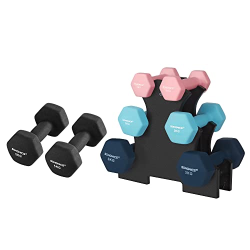 SONGMICS Hanteln, Hantelset 2 x 5 kg, Kurzhanteln mit Hantelständer 2 x 1 kg, 2 x 2 kg, 2 x 3 kg, Krafttraining, zu Hause, im Büro, Fitnessstudio, schwarz, rosa, aquamarin und blau SYL60MK von SONGMICS