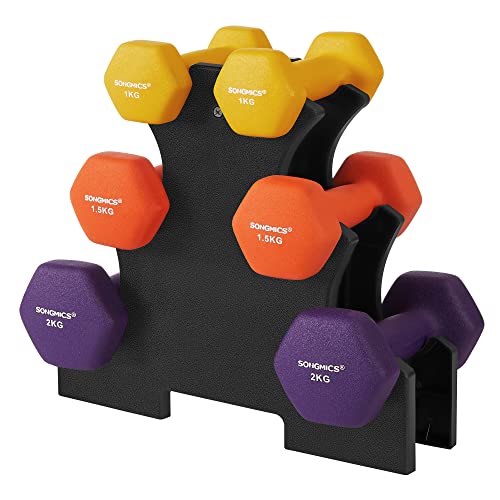 SONGMICS Kurzhantel Set, Hexagon, mit Hantelständer, 2 x 1 kg, 2 x 1,5 kg, 2 x 2 kg, mattes Finish, Neopren-Beschichtung, Krafttraining, zu Hause, gelb, orange und lila SYL69BK von SONGMICS