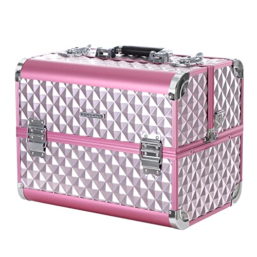 SONGMICS Kosmetikkoffer Schminkkoffer Schminkaufbewahrung Beauty Case Schminkkasten Multikoffer Etagenkoffer mit Diamant-Muster Silbernes Pink 36 x 28 x 23 cm JBC319P von SONGMICS