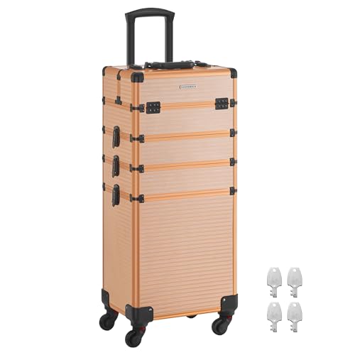 SONGMICS Kosmetikkoffer Trolley, 4-in-1 Schminkkoffer extra groß, Friseurkoffer 34 x 24 x 79,3 cm, abschließbar, Make-up Koffer, Rollen 360° drehbar, Reisen, Geschenkidee, Champagnergold JHZ015A01 von SONGMICS