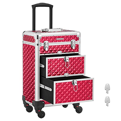 SONGMICS Kosmetikkoffer Trolley, Professionell Schminkkoffer, Friseurkoffer mit 4 Abnehmbaren Universalrollen, Oben mit 3 Etagen, Rot JHZ08RD von SONGMICS