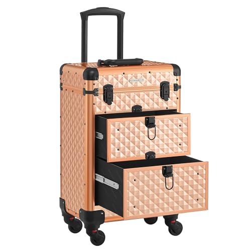 SONGMICS Kosmetikkoffer Trolley, Schminkkoffer 2 Schubladen, Friseurkoffer groß, Make-up Koffer, 34 x 24 x 56 cm, Rollen 360° drehbar, Reisen, Friseure, Geschenkidee, Champagnergold JHZ008A01 von SONGMICS