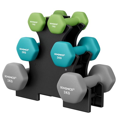 SONGMICS Kurzhantel Set, Hexagon, mit Hantelständer, 2 x 1 kg, 2 x 2 kg, 2 x 3 kg, mattes Finish, Neopren-Beschichtung, Krafttraining, zu Hause, limettengrün, aquamarin und hellgrau SYL612GN SONGMICS Kurzhantel Set, Hexagon, mit Hantelständer, 2 x 1 kg, 2 x 2 kg, 2 x 3 kg, mattes Finish, Neopren-Beschichtung, Krafttraining, zu Hause, limettengrün, aquamarin und hellgrau SYL612GN von SONGMICS