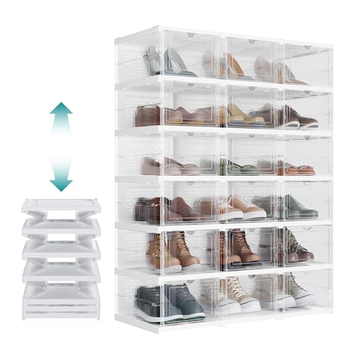 SONGMICS Schuhschrank 3er Set, mit 18 Schuhboxen, integrierter Schuh-Organizer, faltbar, tragbar, für Schuhe bis Größe 46, 1-Min-Montage, transparent-wolkenweiß LSP207W01 von SONGMICS