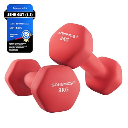 SONGMICS Hantelset, 2 x 3 kg, mit matter Beschichtung aus Neopren, rutschfest, Krafttraining, zu Hause, rot SYL66RD von SONGMICS