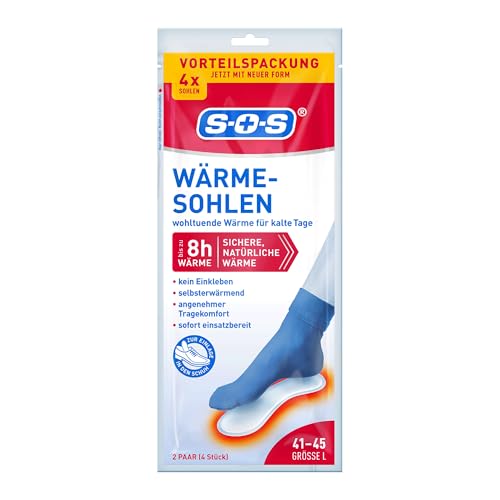 SOS Wärme-Sohlen Gr. 41-45 (8x2Paar) – Selbsterwärmend - bis zu 8 Stunden natürliche Wärme - ohne Einkleben - angenehmer ideal für Spaziergänge, Weihnachtsmärkte und Wintersport von SOS