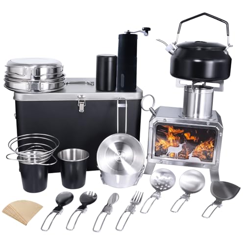 Camping-Kochgeschirr-Set, 20-teilig, Edelstahl und Schwarz (schwarze Teekanne) von SOTECH