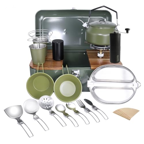 Outdoor Camping Pour Over Kaffeebereiter Set mit Kochgeschirr Set Grün, 17-teilig (Holzbrett) von SOTECH