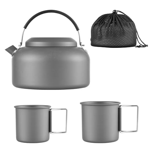 SOUUXIU 1,4 l Camping-Wasserkocher mit 450 ml + 250 ml Tassen, Teekanne, leichter Outdoor-Wasserkocher zum Kochen von Wasser, mit Silikongriff, für Camping, Wandern, Rucksackreisen von SOUUXIU