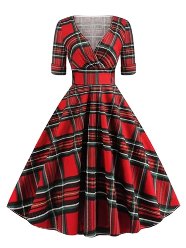 Hübsche Kleid Kleider Dress Damen Plaid Hohe Taille Tartan Vintage Halbe Ärmel Kleid Frauen V-Ausschnitt Elegant Party Rockabilly Baumwoll Kleider S Rot Hübsche Kleid Kleider Dress Damen Plaid Hohe Taille Tartan Vintage Halbe Ärmel Kleid Frauen V-Ausschnitt Elegant Party Rockabilly Baumwoll Kleider S Rot von SOYNIA