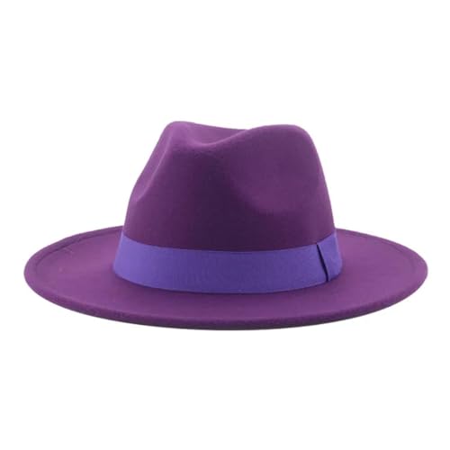 SOYNIA Fedora Trilby Filzhut Hut Fedora-Hut Für Damen Bandband Herrenhut Breite Krempe Klassische Hochzeit Kirche Bowler-Kappe 56–58 cm (Erwachsene) Lila von SOYNIA