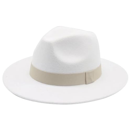 SOYNIA Fedora Trilby Filzhut Hut Fedora-Hut Für Damen Bandband Herrenhut Breite Krempe Klassische Hochzeit Kirche Bowler-Kappe 56–58 cm (Erwachsene) Weißbeige von SOYNIA