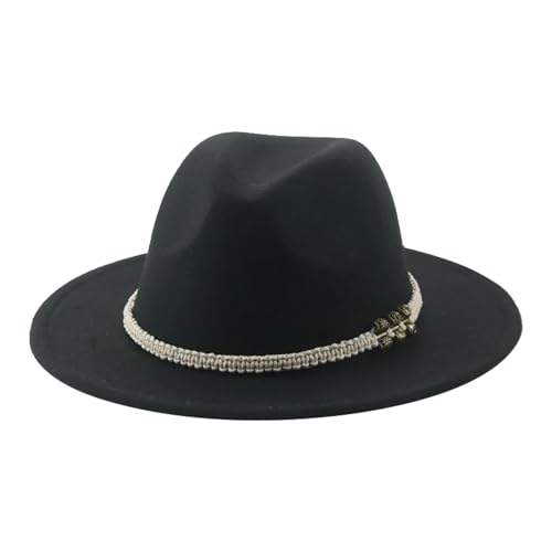 SOYNIA Fedora Trilby Filzhut Hut Hüte Für Damen Fedora Gefilzt Herrenhut Panama Lässig Vintage Western Cowboy Kette Breite Krempe 52–54 cm (Kinder) Schwarz von SOYNIA