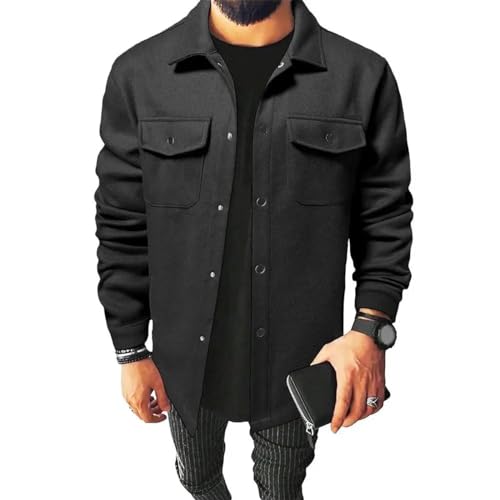 SOYNIA Jacke Jacken Herren-Button-Down-Shirt-Jacke Styli Sche Herren-Revers Jacke Mit Klappen Taschen Einfarbig Hemd Mantel Für Freizeit Kleidung M Schwarz von SOYNIA