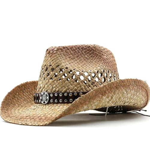 SOYNIA Sonnenhut Strohhut Hut Herren Damen Klassischer Western Cowboy Strohhut Raffia Hohl Cowboy Hut Mit Punk Seil Frauen Western Wide Curling Brim Cap 56-58Cm Beige-Khaki von SOYNIA