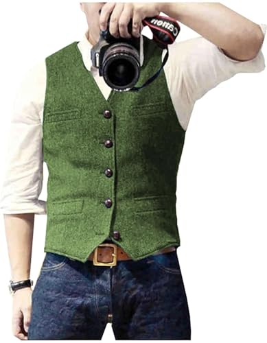 SOYNIA Weste Vest Herren Casual Klassischer Anzug Weste V-Ausschnitt Tweed Slim Fit Business Weste L Grün von SOYNIA