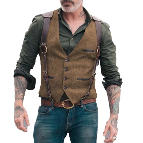 Weste Vest Herren Anzug Weste Tweed V-Ausschnitt Kleid Weste Für Hochzeit Anzug S Braun von SOYNIA