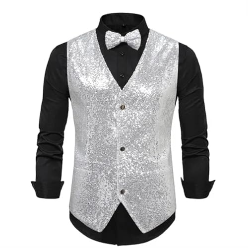 Weste Vest Männer Hochzeit Ball Party Pailletten Anzug Westen Mode Kleid Tops M Silber von SOYNIA