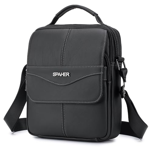 SPAHER Umhängetasche Leder Herren Herrentasche Zum Umhängen Schultertasche für 11 Zoll iPad Herrenhandtasche Groß Männertasche Crossbody Messenger Bag Handgelenktasche Business Tasche Schwarz SPAHER Umhängetasche Leder Herren Herrentasche Zum Umhängen Schultertasche für 11 Zoll iPad Herrenhandtasche Groß Männertasche Crossbody Messenger Bag Handgelenktasche Business Tasche Schwarz von SPAHER