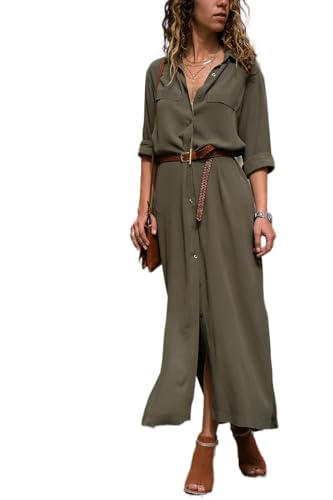 SPANN Einfarbiges, lässiges Kleid mit Langen Ärmeln und Knopfleiste, lockeres langes Maxi-Party-Shirt, geschlitztes Strand-Maxikleid (Army Green,XL) von SPANN