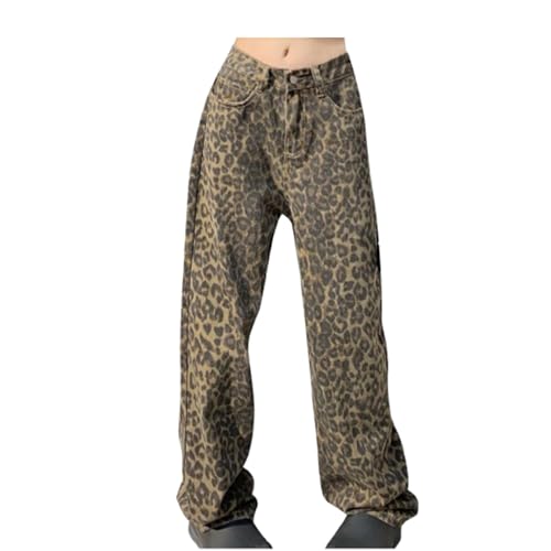 SPANN Gerade Hose mit Leopardenmuster und Knopfleiste vorne für Damen, Y2k-Jeans mit Leopardenmuster, hoch taillierte Hose mit weitem Bein (Khaki,L) von SPANN