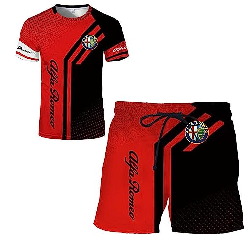 SPONYBORTY Herren-T-Shirt-Shorts-Trainingsanzug-Set Alfa-Romeo 3D-Druck Zweiteiliges Set Kurzarm-T-Shirt-Hosen-Trainingsanzug Set/E/XL von SPONYBORTY