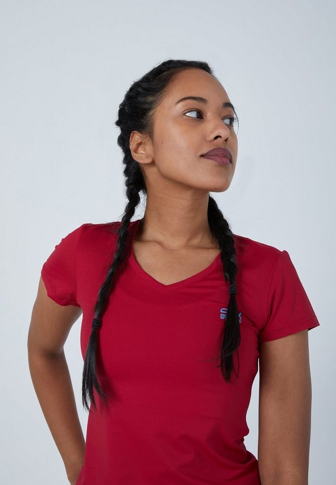SPORTKIND Funktionsshirt Tennis T-Shirt V-Ausschnitt Damen & Mädchen bordeaux rot von SPORTKIND