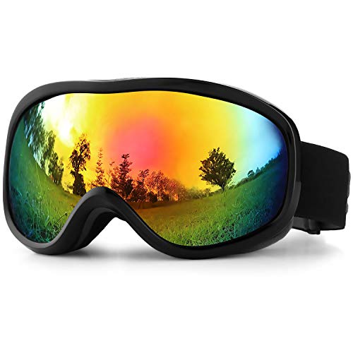 SPOSUNE Skibrille 100 % UV400-Schutz, Skibrille mit Antibeschlag, kugelförmige Doppelscheibe, winddicht, stoßfest, Helmkompatibel, Black frame + Red Revo Lens VLT 9.3-12% von SPOSUNE