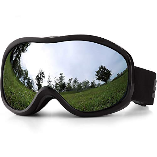 SPOSUNE Skibrille 100 % UV400-Schutz, Skibrille mit Antibeschlag, kugelförmige Doppelscheibe, winddicht, stoßfest, Helmkompatibel, Black frame + Sliver Mirror Lens VLT 8-9% von SPOSUNE