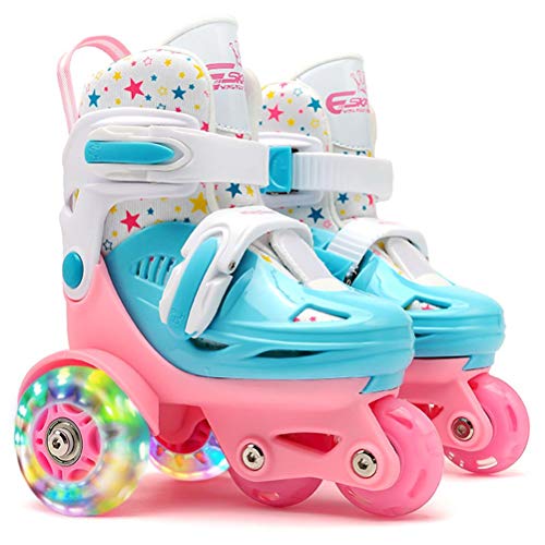 Kinder-Quad-Rollschuh, Rollschuhe mit Verstellbarer Größe, Doppelbremsen, Leuchtenden Rädern für Mädchen und Jungen (Rosa S) von SPYMINNPOO