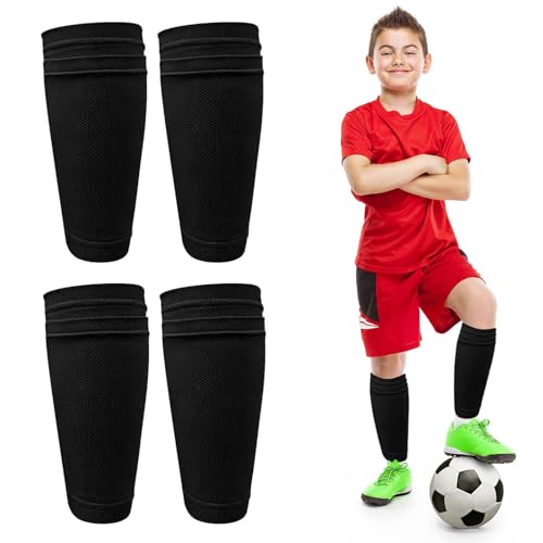 SREBIWO 2 Paar Schienbeinschonerhalter, Fußball Schienbeinschoner Socken Kinder Atmungsaktiv Anti-Rutsch Stutzenhalter Fußball Socken für Kinder Anfänger (Schwarz) von SREBIWO