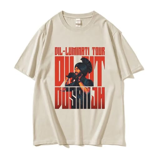 Sweatshirt Sänger Diljit Dosanjh Cartoon Print T Shirt, Männer Frauen Hip Hop Retro Baumwolle Kurz Lässig Große Größe (Khaki,XL) von SRGDRR