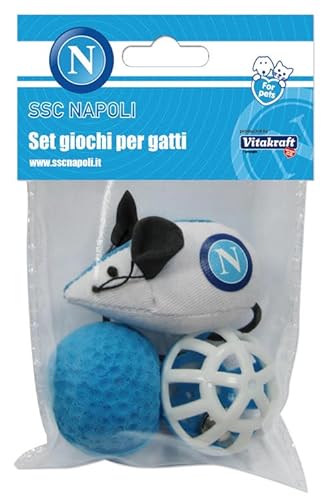 SSC NAPOLI Unisex – Erwachsene Katzenspielen Spielset mit 3 Spielzeugen für Katzen, offizielles Produkt, Gummiball, Kunststoffball mit Glocke, Mickey mit Gras Catnip, blau, TU von SSC NAPOLI