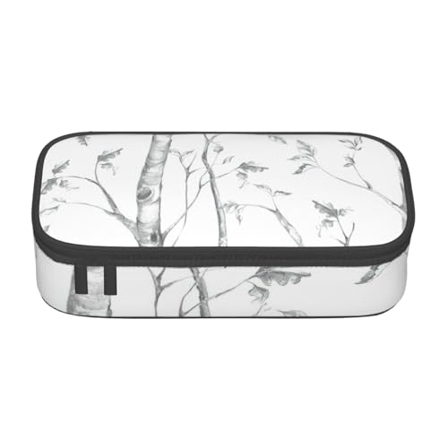 SSIMOO Geräumige Schreibwaren-Tasche mit grauem Wald und Vögeln, Oxford-Stoff, Schreibtisch-Aufbewahrungstasche, niedliches Federmäppchen von SSIMOO