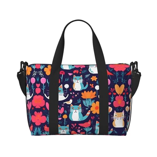 Vielseitige Reisetasche mit lustigen Katzen, Vögeln und Blumen, der Begleiter für geschäftliche und persönliche Reisen, Schwarz, Einheitsgröße von SSIMOO