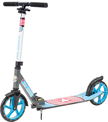 STAR SCOOTER Aluminium Kickscooter Roller Kinderroller Tretroller für Jungen und Mädchen ab 6-7 Jahre | Big 205mm Wheel mit XXL Trittbrett Scooter für Kinder und Erwachsene | Grau & Blau von STAR SCOOTER