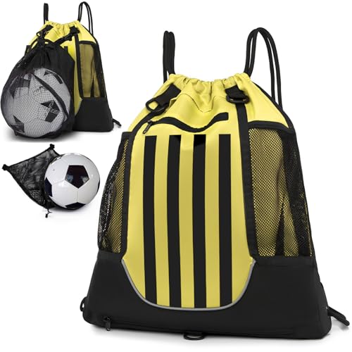 STAY GENT Drawstring Basketball Rucksack für Kinder Jugendliche Erwachsene, Foldable Fußball Volleyball Sporttasche mit Abnehmbarem Ball-Netztasche für Turnhalle Yoga Wandern, Gelb Schwarz Streifen STAY GENT Drawstring Basketball Rucksack für Kinder Jugendliche Erwachsene, Foldable Fußball Volleyball Sporttasche mit Abnehmbarem Ball-Netztasche für Turnhalle Yoga Wandern, Gelb Schwarz Streifen von STAY GENT