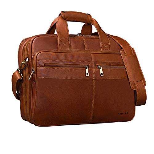 STILORD 'Alexander' Lehrertasche Herren Leder Vintage Aktentasche Laptoptasche Bürotasche Businesstasche groß XXL Umhängetasche mit Dreifachtrenner, Farbe:Cognac - braun von STILORD