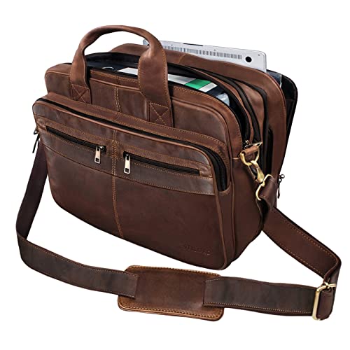 STILORD 'Alexander' Lehrertasche Herren Leder Vintage Aktentasche Laptoptasche Bürotasche Businesstasche groß XXL Umhängetasche mit Dreifachtrenner, Farbe:Cognac - Dunkelbraun von STILORD